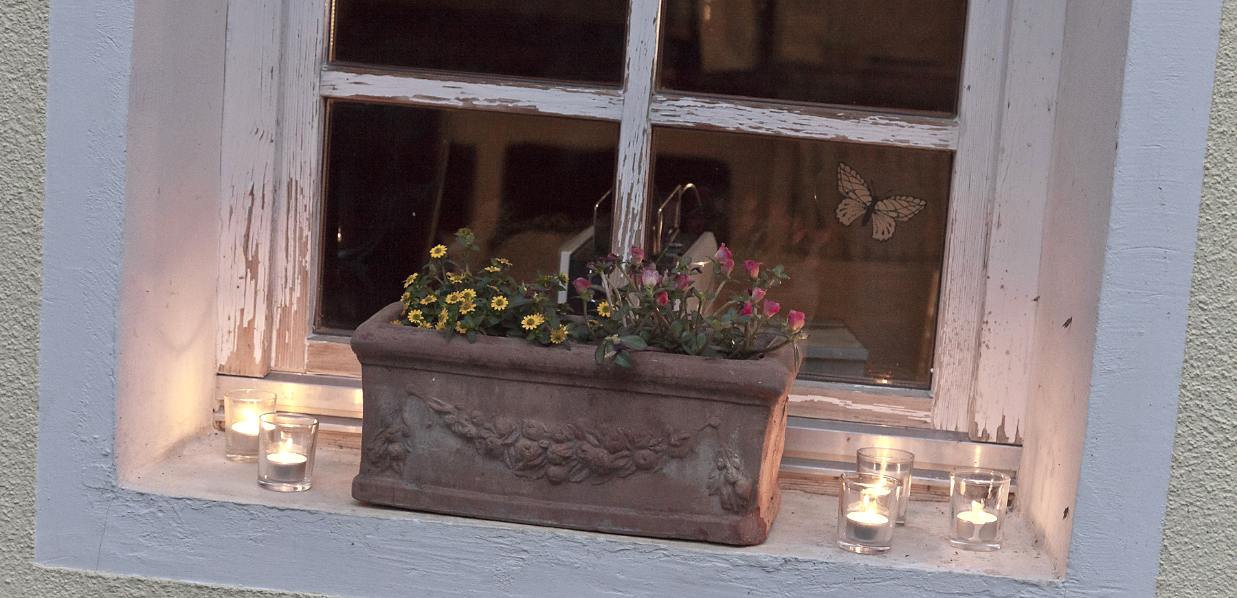 Fenster mit Blumen am Hof
